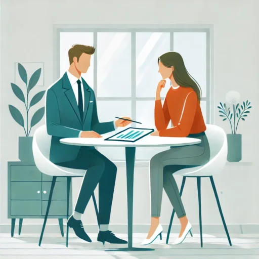 DALL·E 2025-03-26 17.17.47 – A digital illustration of a male consultant and female client in minimalist flat design style, both seated at a round table in a bright room. The cons DALL·E 2025-03-26 17.17.47 - A digital illustration of a male consultant and female client in minimalist flat design style, both seated at a round table in a bright room. The cons